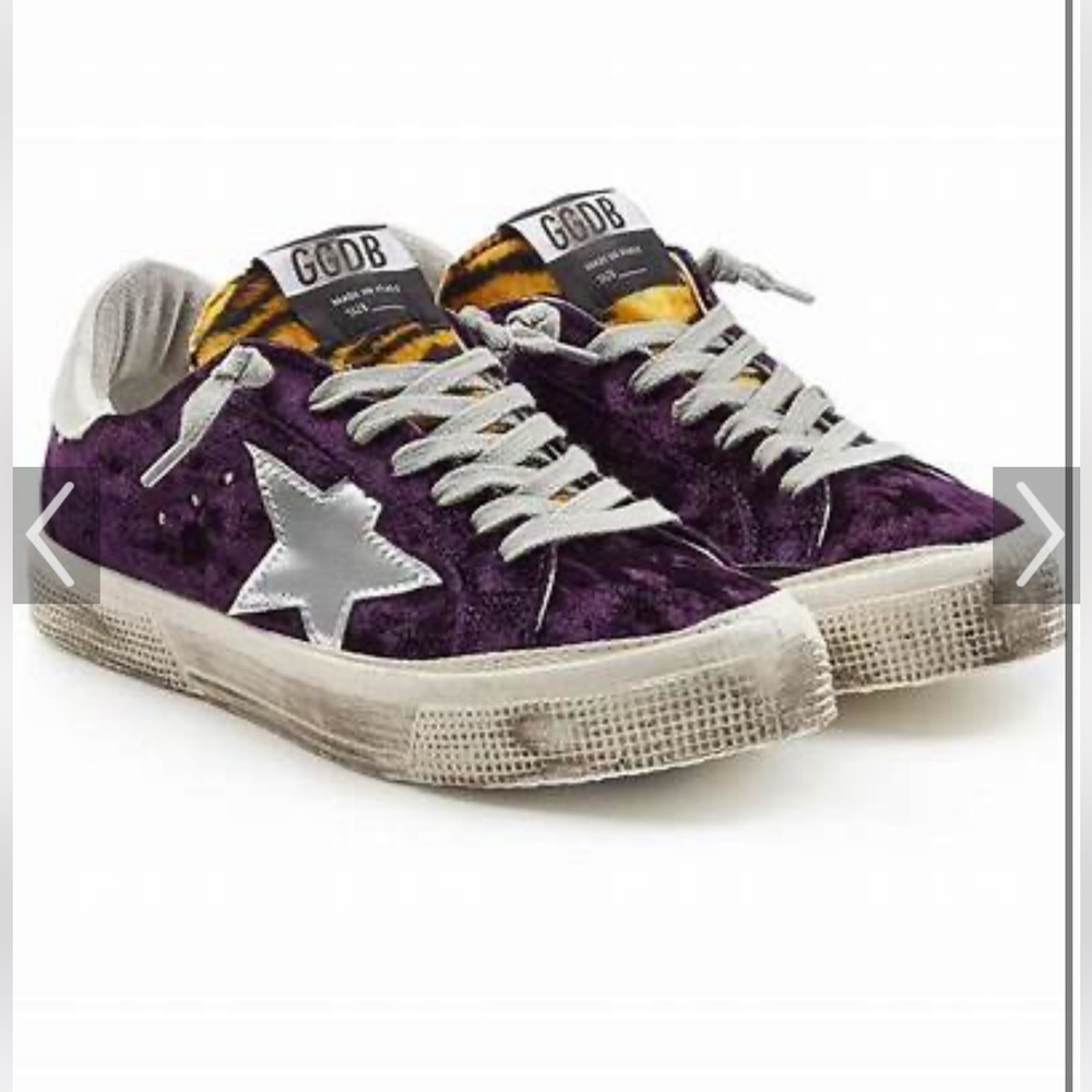 Golden goose purple velvet with faux fur detail and silver star.